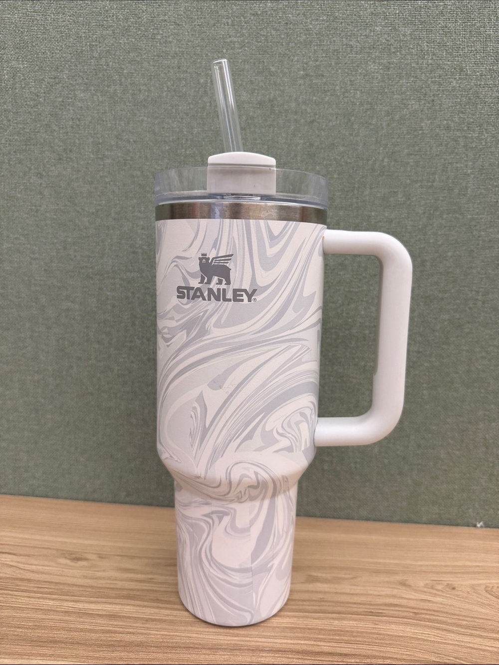 Stanley Marble White and Light Gray Travel Tumbler with Handle & Straw
